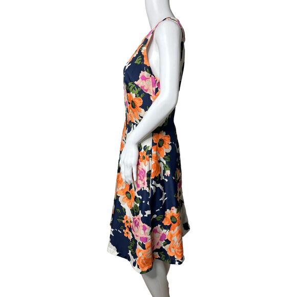 Donna Morgan Dress Women 6 Navy Orange Floral Flower Fit & Flare Colorful Preppy - Picture 3 of 8
